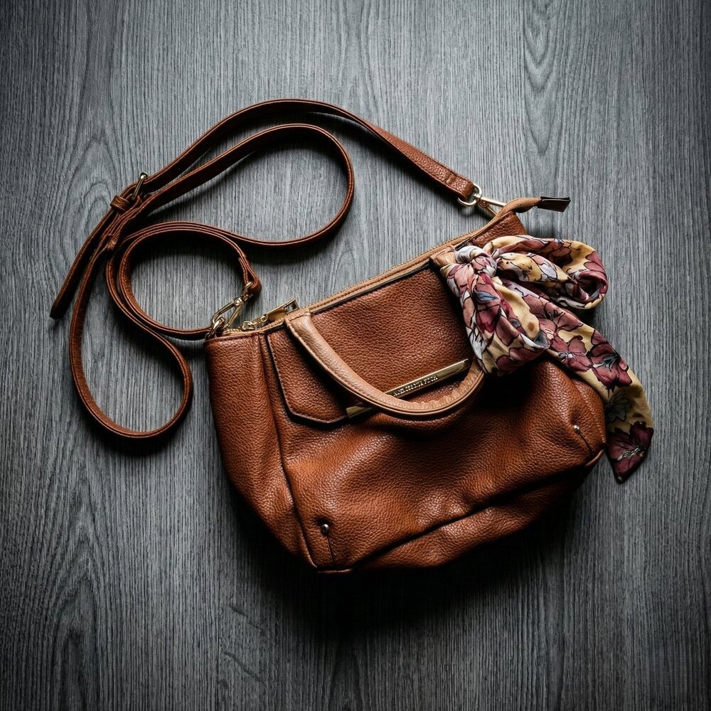 Steve Madden Women’s Brown Faux Leather Crossbody Bag Scarf Accent Preppy Chic